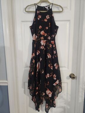 Black Floral Halter Midi Dress with Pink Flowers